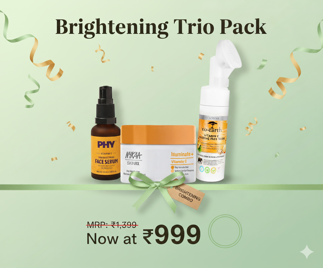 PHY Vitamin Skin Brightening Face Serum 15 ml + Nykaa Skinrx Illuminate Vitamin C Face Day Moisturizer For Radiant Skin With SPF 15 Normal To Dry Skin 50g + Co-Earth Vitamin C Foaming Face Wash 150 ml