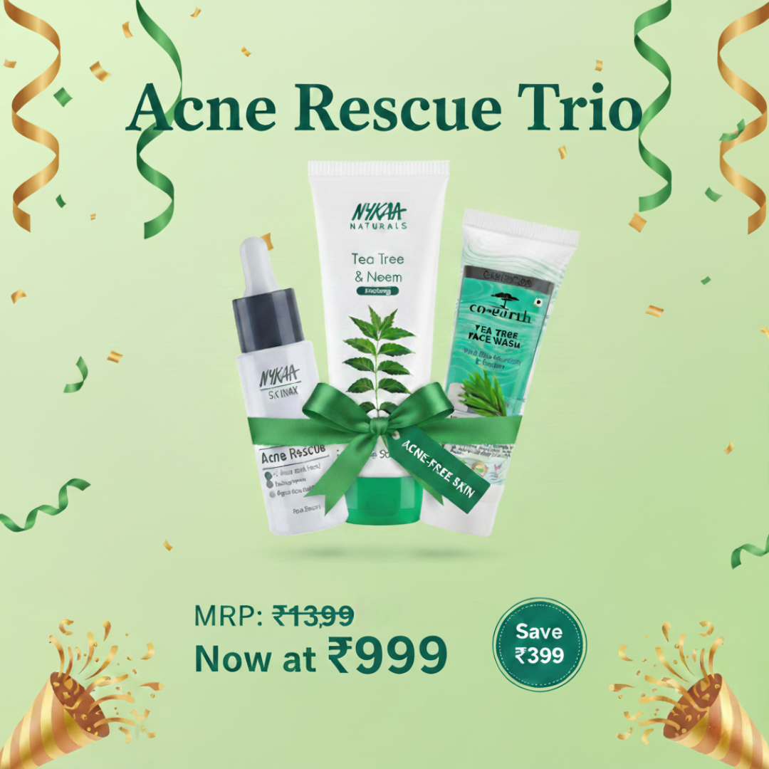 Nykaa Face Serum Acne Rescue 30ml + Nykaa Face Scrub Tea Tree & Neem 100g + Co-Earth Tea Tree Face Wash 100 ml
