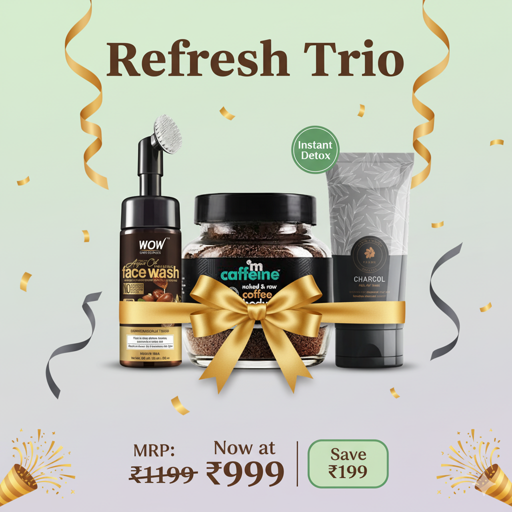 WOW Moroccan Argan Oil Foaming Face Wash 150 ml + mCaffeine naked & raw coffee body scrub 100g + Co-Earth Charcoal Face Wash 100ml